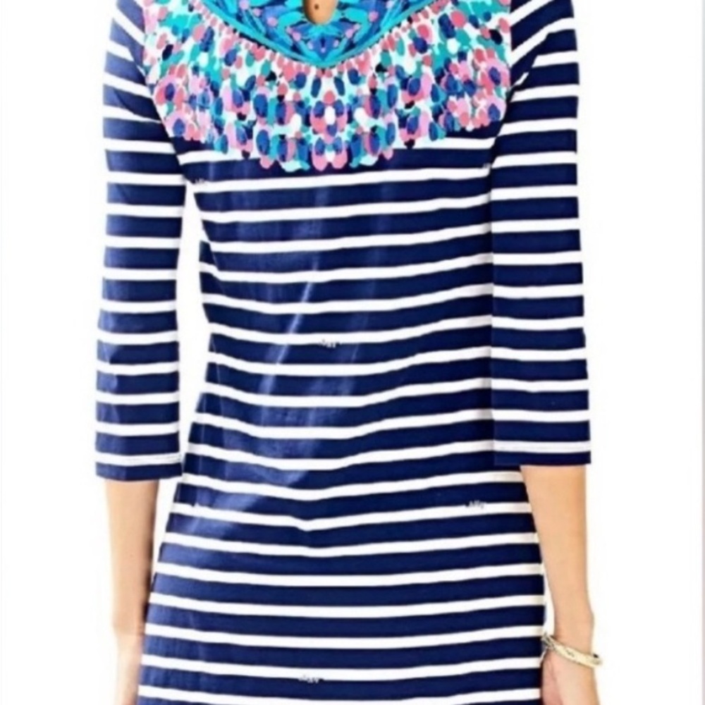 Lilly Pulitzer Bay Dress in Island Medallion Stripe Navy Blue - Picture 2 of 5